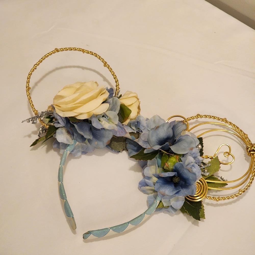 Floral Gold and Blue Cinderella Mouse Ears